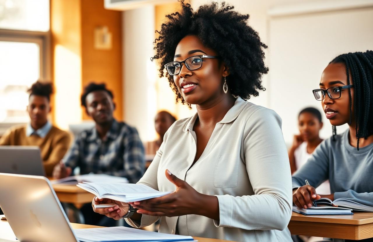 Black educator teaching in a bright modern classroom